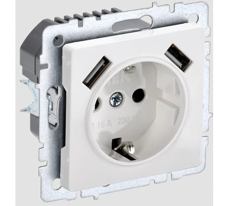 1-местная розетка IEK Brite с заземлением с защитными шторками 16а с usb a+a 5в 3,1а рюш10-2-брб белый BR-R14-16-U21-D31-K01