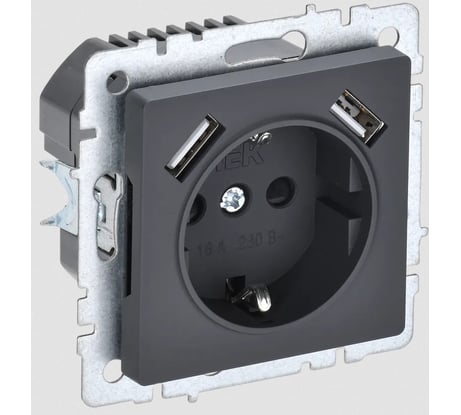 1-местная розетка IEK Brite с заземлением с защитными шторками 16а с usb a+a 5в 3,1а рюш10-2-брг графит BR-R14-16-U21-D31-K53