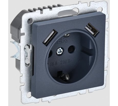 1-местная розетка IEK Brite с заземлением с защитными шторками 16а с usb a+a 5в 3,1а рюш10-2-брм маренго BR-R14-16-U21-D31-K35