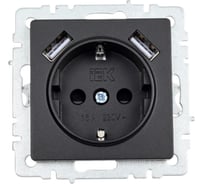 1-местная розетка IEK Brite с заземлением с защитными шторками 16а с usb a+a 5в 2,1а рюш10-1-брч черный BR-R14-16-U21-D21-K02