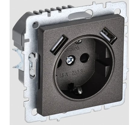 1-местная розетка IEK Brite с заземлением с защитными шторками 16а с usb a+a 5в 2,1а рюш10-1-бртб темная бронза BR-R14-16-U21-D21-K45