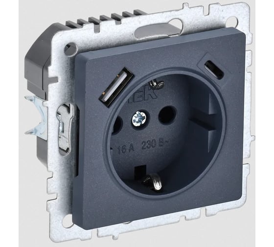 1-местная розетка IEK Brite с заземлением с защитными шторками 16а с usb a+c 18вт рюш11-1-брм маренго BR-R14-16-U22-018-K35