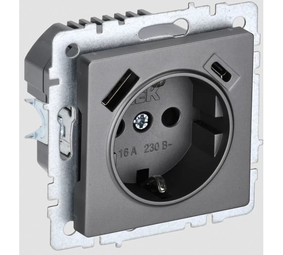 1-местная розетка IEK Brite с заземлением с защитными шторками 16а с usb a+c 18вт рюш11-1-брс сталь BR-R14-16-U22-018-K46