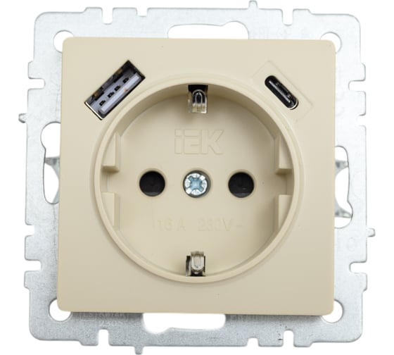 1-местная розетка IEK Brite с заземлением с защитными шторками 16а с usb a+c 18вт рюш11-1-бркр бежевый BR-R14-16-U22-018-K10