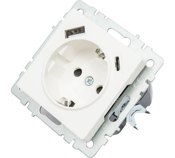 1-местная розетка IEK Brite с заземлением с защитными шторками 16а с usb a+c 18вт рюш11-1-брб белый BR-R14-16-U22-018-K01