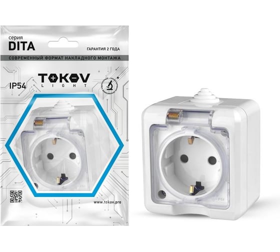 Розетка 1-м TOKOV ELECTRIC оп dita 16а ip54 250в с заземл. с прозр. крышкой бел. TKL-DT-R1Z-C01T-IP54