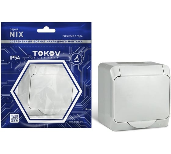 Розетка 1-м TOKOV ELECTRIC оп nix 16а ip54 250в с заземл. с крышкой сер. TKE-NX-R1Z-C06-IP54