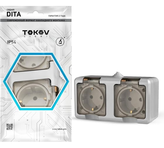 Розетка 2-м TOKOV ELECTRIC оп dita 16а ip54 250в с заземл. с прозр. крышкой сер. TKL-DT-R2Z-C06T-IP54