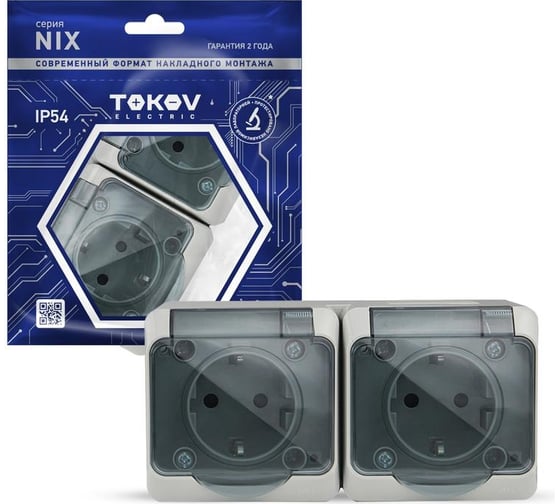 Розетка 2-м TOKOV ELECTRIC оп nix 16а ip54 250в с заземл. с прозр. крышкой сер. TKE-NX-R2Z-C06T-IP54 1