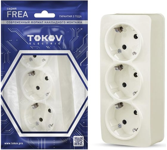 Розетка 3-м TOKOV ELECTRIC оп frea 16а ip20 250в с заземл. абс-пластик беж. TKE-FR-R3Z-C02