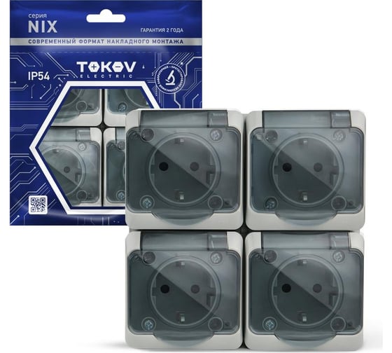 Розетка 4-м TOKOV ELECTRIC оп nix 16а ip54 250в с заземл. с прозр. крышкой сер. TKE-NX-R4Z-C06T-IP54