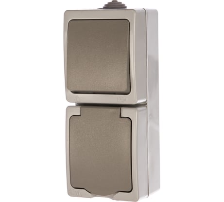 Вертикальный блок: выключатель 1 кл + розетка UNIVersal Аллегро с/з, з/ш, IP54, с крышкой, серый 1274