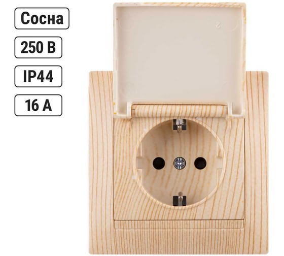 Розетка TDM ELECTRIC Лама 2П+З 16А 250В IP44 с защитными шторками, с крышкой сосна SQ1815-0314