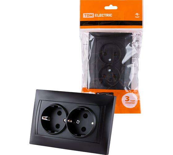 Двойная розетка TDM ELECTRIC Лама 2П+З 16А 250В с защитными шторками графит SQ1815-0613