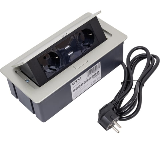 Удлинитель врезной прямоугольный GTV soft, 2xschuko, 2xusb/5v, вилка провод 1,5м, серебро AE-PBSUC2GS-53