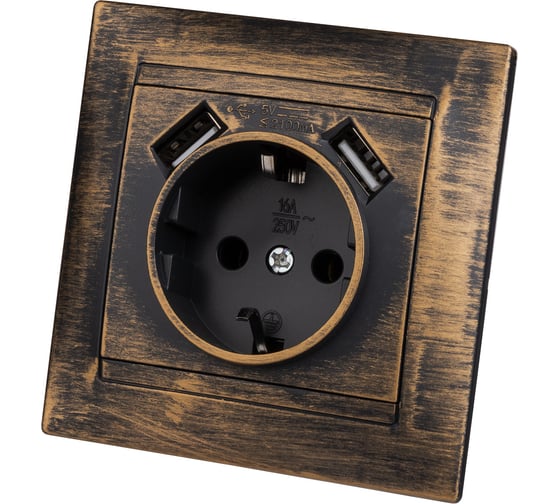Розетка TDM ELECTRIC 2П+З 16А 250В + 2 USB порта 2,1А 5В старинная бронза Лама SQ1815-0772