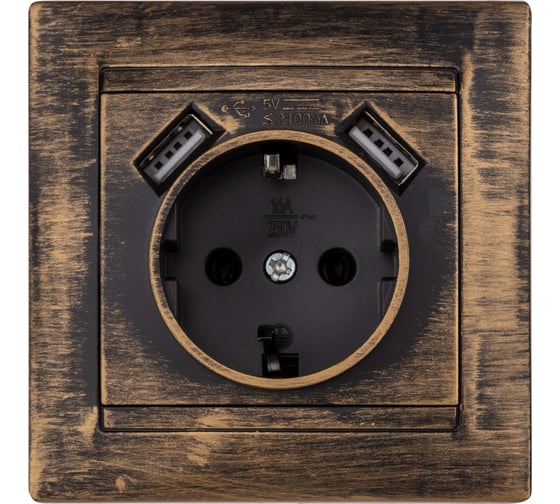 Розетка TDM ELECTRIC 2П+З 16А 250В + 2 USB порта 2,1А 5В старинная бронза Лама SQ1815-0772
