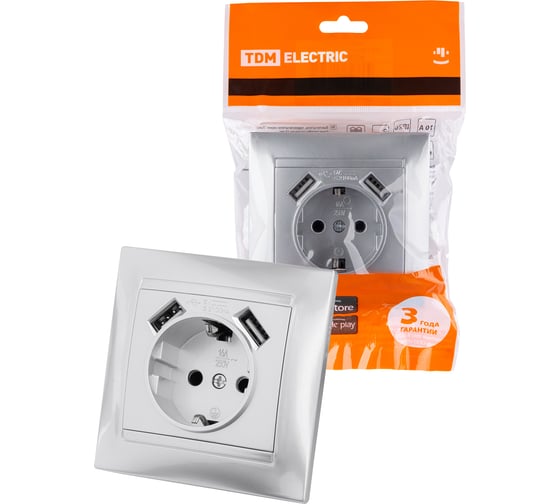 Розетка TDM ELECTRIC 2П+З 16А 250В + 2 USB порта 2,1А 5В металлик Лама SQ1815-0242 1