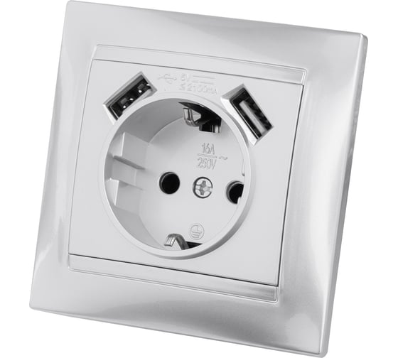 Розетка TDM ELECTRIC 2П+З 16А 250В + 2 USB порта 2,1А 5В металлик Лама SQ1815-0242