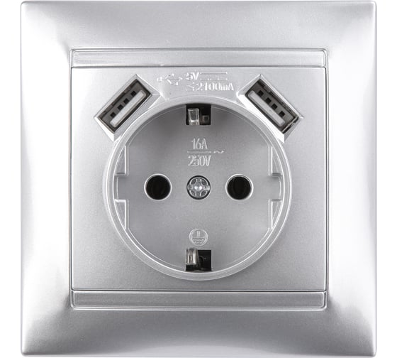 Розетка TDM ELECTRIC 2П+З 16А 250В + 2 USB порта 2,1А 5В металлик Лама SQ1815-0242