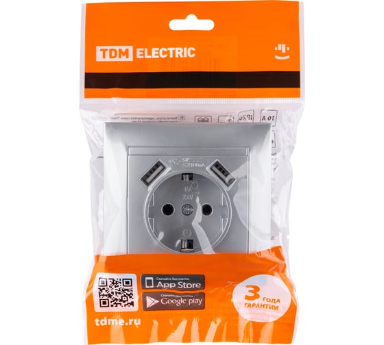 Розетка TDM ELECTRIC 2П+З 16А 250В + 2 USB порта 2,1А 5В металлик Лама SQ1815-0242