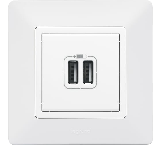Зарядное устройство Legrand Valena LIFE с двумя USB-разьемами 240В/5В 1500мА.С лицевой панелью.Белое 753412