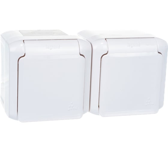 Розеточный блок Legrand двойной с заземлением Legrand Quteo IP44 со шторками с защитной крышкой 16А 250В винтовые зажимы накладной монтаж белый 782323 1