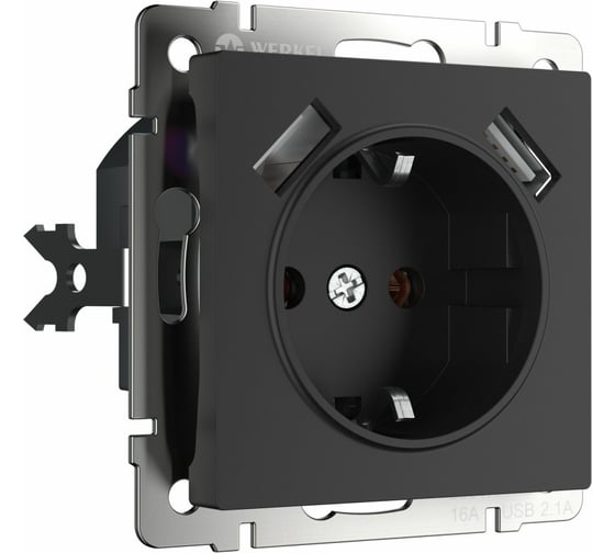 Розетка WERKEL W1171508 с заземлением, шторками и USBх2 черный матовый a051617 1