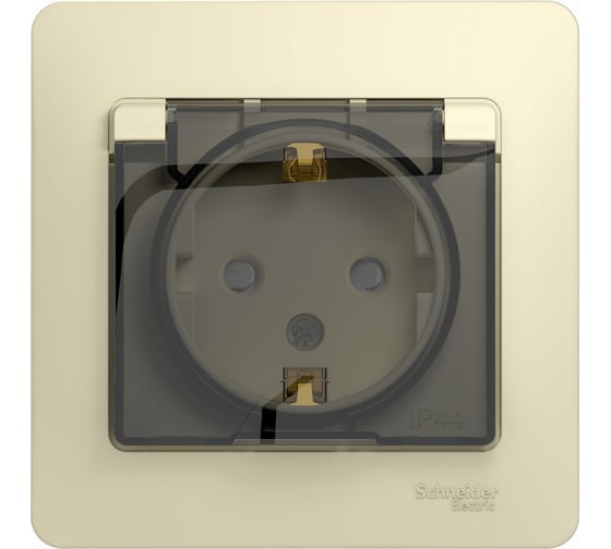 Одноместная розетка Systeme Electric СП Glossa 16А с защ. крышкой, защ. шторки с заземлением IP44 бежевая GSL000248