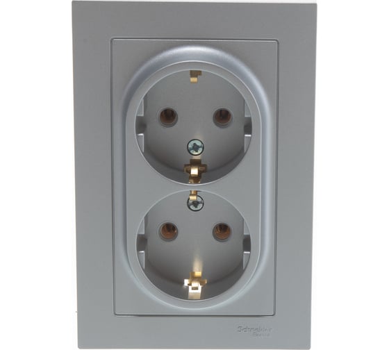 Двухместная розетка Systeme Electric ATLAS DESIGN с заземлением 16А в сборе алюминий ATN000324