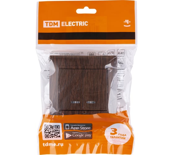 2 клавишный выключатель TDM ELECTRIC с подсветкой 10А венге Лама SQ1815-0405
