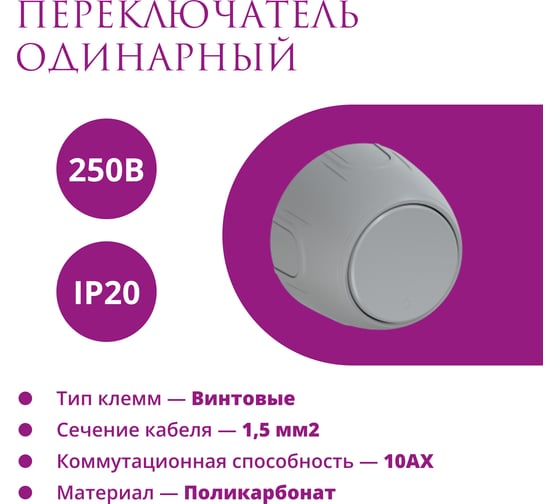 Одинарный накладной (наружный) переключатель OneKeyElectro Rotondo цвет серый 7700954