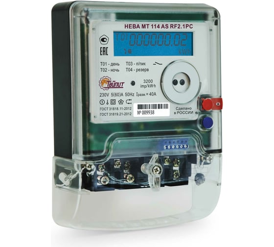 Счетчик электроэнергии ТАЙПИТ НЕВА МТ 114 AS RF2.1PC 5(60) 6104673