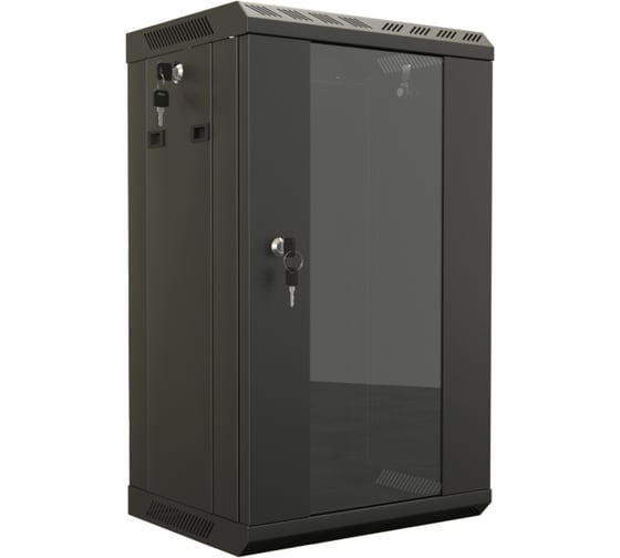 Настенный шкаф Hyperline TDB-12U-GP-RAL9004 10'', 12U, 649,5x390x300, уст. размер 254 , со стеклянной дверью, открывающиеся стенки, возможность установки вентилятора, Цвет черный (RAL 9004) (собранный) 447455 1