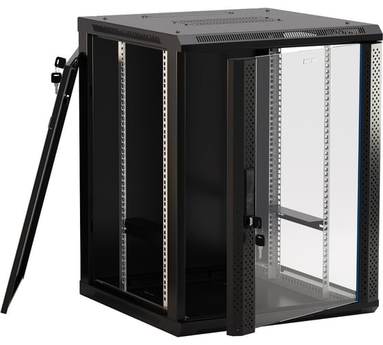 Настенный шкаф Hyperline TWB-0445-GP-RAL9004 19-дюймовый (19"), 4U, 278x600x450, стеклянная дверь с перфорацией по бокам, ручка с замком, Цвет черный (RAL 9004) (разобранный) 395298 1