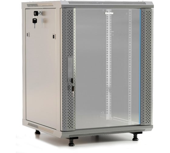 Настенный шкаф Hyperline TWB-FC-1266-GP-RAL7035 19-дюймовый (19"), 12U, 650x600x600, стеклянная дверь с перфорацией по бокам, ручка с замком, с возможностью установки на ножки (в комплекте), Цвет серый (RAL 7035) (разобранный) 452015 1