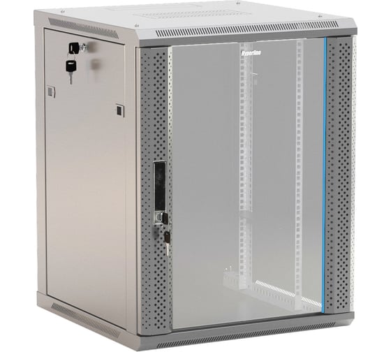 Настенный шкаф Hyperline TWB-1566-GP-RAL7035 19-дюймовый (19"), 15U, 775x600x600, стеклянная дверь с перфорацией по бокам, ручка с замком, Цвет серый (RAL 7035) (разобранный) 452000 1