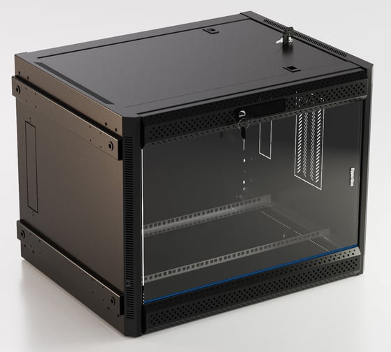 Настенный шкаф Hyperline TWB-FC-2766-GP-RAL9004 19-дюймовый (19"), 27U, 1304x600x600, стеклянная дверь с перфорацией по бокам, ручка с замком, с возможностью установки на ножки (в комплекте), Цвет черный (RAL 9004) (разобранный) 403894