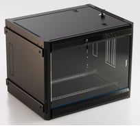 Настенный шкаф Hyperline TWB-FC-1545-GP-RAL9004 19-дюймовый (19"), 15U, 775x600x450, стеклянная дверь с перфорацией по бокам, ручка с замком, с возможностью установки на ножки (в комплекте), Цвет черный (RAL 9004) (разобранный) 395537