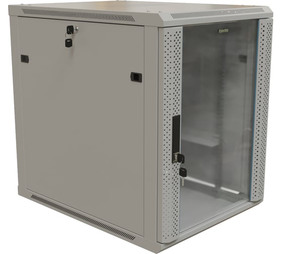 Настенный шкаф Hyperline TWB-1268-GP-RAL7035 19-дюймовый (19"), 12U, 650x600x800, стеклянная дверь с перфорацией по бокам, ручка с замком, Цвет серый (RAL 7035) (разобранный) 493227 1