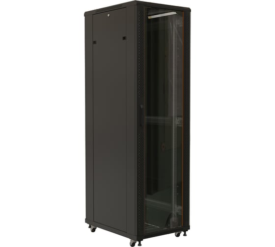 Напольный 19-дюймовый шкаф Hyperline TTB-2281-AS-RAL9004 22U, 1100x800x1000 мм (ВхШхГ), передняя дверь стеклянная, задняя дверь сплошная, ручка с замком, 2 вертикальных кабельных организатора, цвет черный (RAL 9004) (разобранный) 447629 1