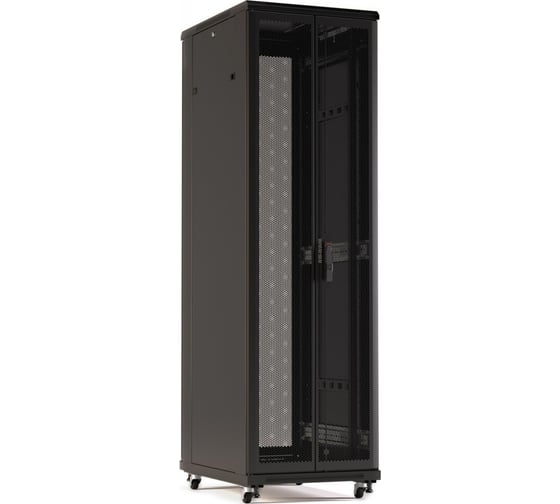 Напольный 19-дюймовый шкаф Hyperline TTR-2766-DD-RAL9005 27U, 1388x600x600 мм (ВхШхГ), передняя и задняя распашные перфорированные двери (75%), ручка с замком, цвет черный (RAL 9005) (разобранный) 457559 1