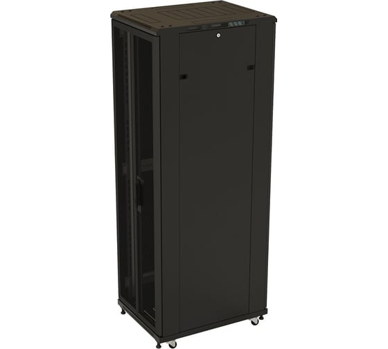 Напольный 19-дюймовый шкаф Hyperline TTB-1861-DD-RAL9004 18U, 988x600x1000 мм (ВхШхГ), передняя и задняя распашные перфорированные двери (75%), ручка с замком, крыша нового типа, цвет черный (RAL 9004) (разобранный) 395970 1