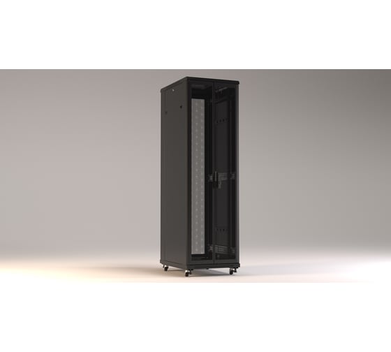 Напольный 19-дюймовый шкаф Hyperline TTR-2761-DD-RAL9005 27U, 1388x600x1000 мм (ВхШхГ), передняя и задняя распашные перфорированные двери (75%), ручка с замком, цвет черный (RAL 9005) (разобранный) 441235 1