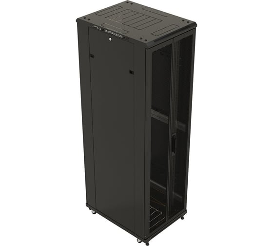 Напольный 19-дюймовый шкаф Hyperline TTB-4766-DD-RAL9004 47U, 2277x600x600 мм (ВхШхГ), передняя и задняя распашные перфорированные двери (75%), ручка с замком, крыша нового типа, цвет черный (RAL 9004) (разобранный) 396980 1