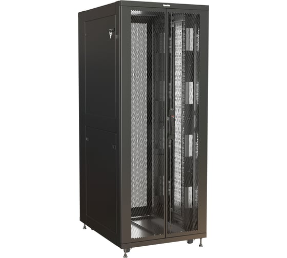 Напольный 19-дюймовый шкаф Hyperline 47u, 2282x800x1200 мм (вхшхг), перед. одноствор.стеклянная, задн. распашн.глухая. дверь, профиль широкий с отверстиями 19", крыша с загл. щеточн.вводов, цвет черный (ral 9005) (собранный) 521364 1