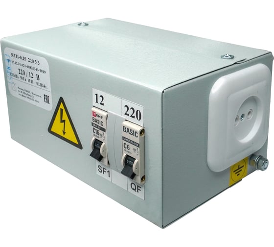 Ящик с понижающим трансформатором Электротехник ЯТП-0,25 У3 220/12В, с 2-мя автоматами, IP31, ET529456 1