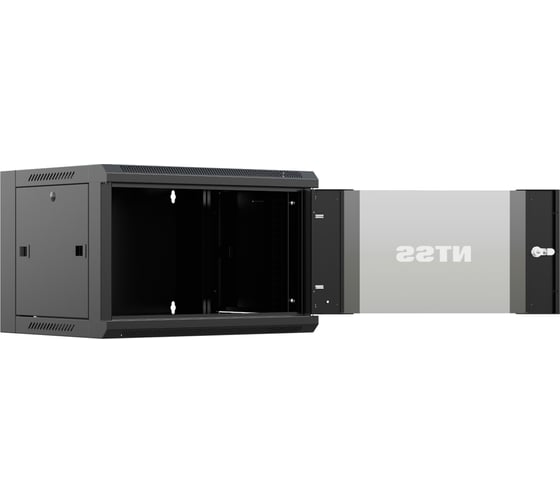 Шкаф настенный телекоммуникационный NTSS W 9U 600x600x500мм, 2 профиля 19, дверь стеклянная, боковые стенки съемные, задняя стенка, разобранный, черный RAL 9005 NTSS-W9U6060GS-BL