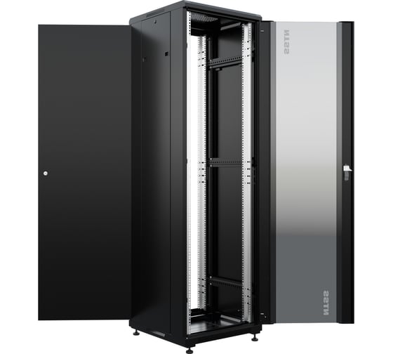 Шкаф напольный универсальный серверный NTSS R 42U 600x600мм, 4 профиля 19, двери стекло и сплошная металл, боковые стенки съемные, регулируемые опоры, разобранный, черный RAL 9005 NTSS-R42U6060GS-BL