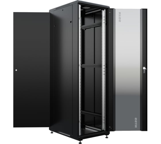 Шкаф напольный универсальный серверный NTSS R 42U 600x800мм, 4 профиля 19, двери стекло и сплошная металл, боковые стенки съемные, регулируемые опоры, разобранный, черный RAL 9005 NTSS-R42U6080GS-BL